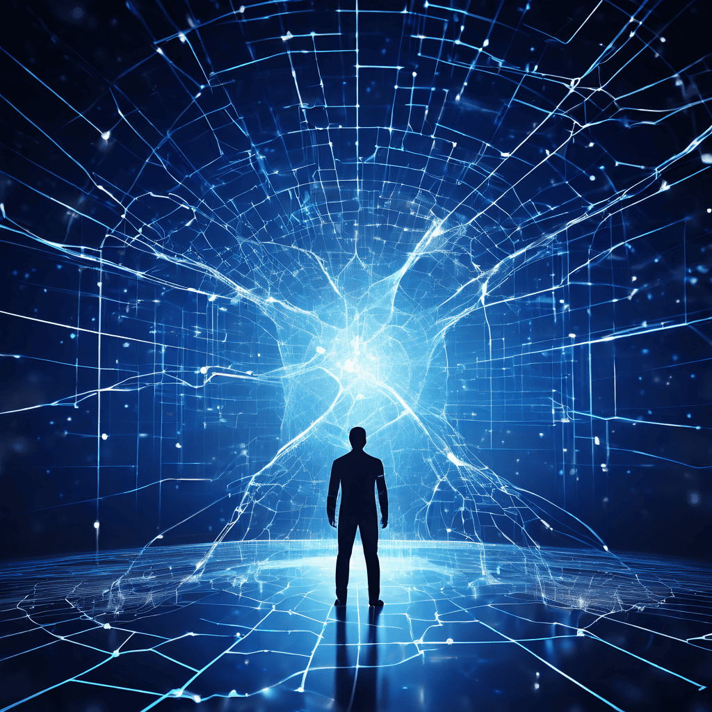 데이터 조작의 개념을 상징적으로 표현한 이미지로, 구조화된 네트워크 안에 위치한 유리처럼 깨져가는 인간 실루엣이 디지털 시대의 개인정보 보호와 데이터 프라이버시의 취약성을 시각화합니다.