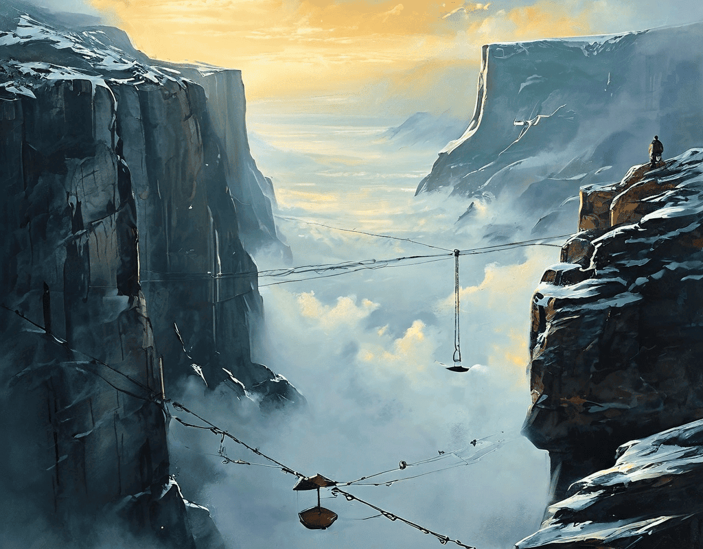 필요성과 한계라는 두 절벽 사이에 공중에 떠 있는 법관의 소추는 그 아래 안개 속에서 빛나는 모호한 경계선이 공공의 이익과 개인 권리 사이의 복잡한 법적 판단을 상징적으로 표현합니다.