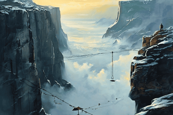 필요성과 한계라는 두 절벽 사이에 공중에 떠 있는 법관의 소추는 그 아래 안개 속에서 빛나는 모호한 경계선이 공공의 이익과 개인 권리 사이의 복잡한 법적 판단을 상징적으로 표현합니다.