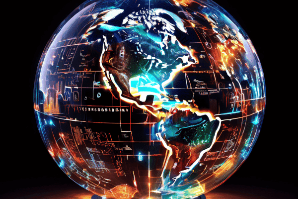 퍼즐 조각으로 연결된 대륙 위로 데이터 스트림이 흐르며 번역된 텍스트가 지역 문화적 상징물로 변환되는 과정을 시각화한 글로벌 커뮤니케이션 개념 이미지입니다.