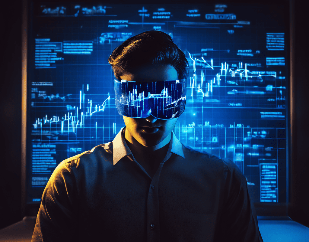 검증되지 않은 뉴스 기사와 소셜미디어 아이콘으로 눈을 가린 사람이 빛나는 주식 차트를 서둘러 클릭하며, 정보의 신뢰성 없이 감정에 휩쓸려 투자를 하는 위험성을 상징적으로 보여주는 이미지입니다.