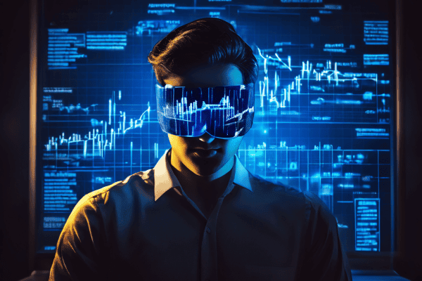 검증되지 않은 뉴스 기사와 소셜미디어 아이콘으로 눈을 가린 사람이 빛나는 주식 차트를 서둘러 클릭하며, 정보의 신뢰성 없이 감정에 휩쓸려 투자를 하는 위험성을 상징적으로 보여주는 이미지입니다.