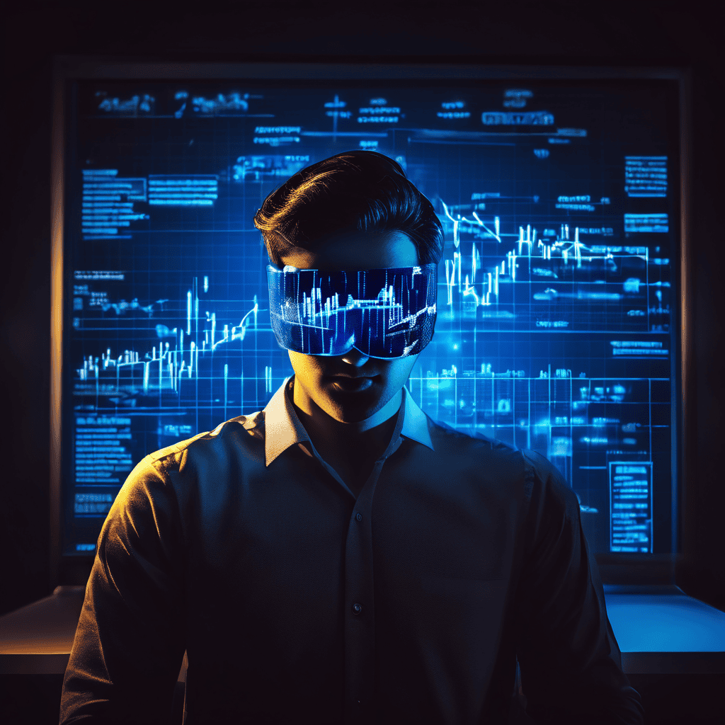 검증되지 않은 뉴스 기사와 소셜미디어 아이콘으로 눈을 가린 사람이 빛나는 주식 차트를 서둘러 클릭하며, 정보의 신뢰성 없이 감정에 휩쓸려 투자를 하는 위험성을 상징적으로 보여주는 이미지입니다.