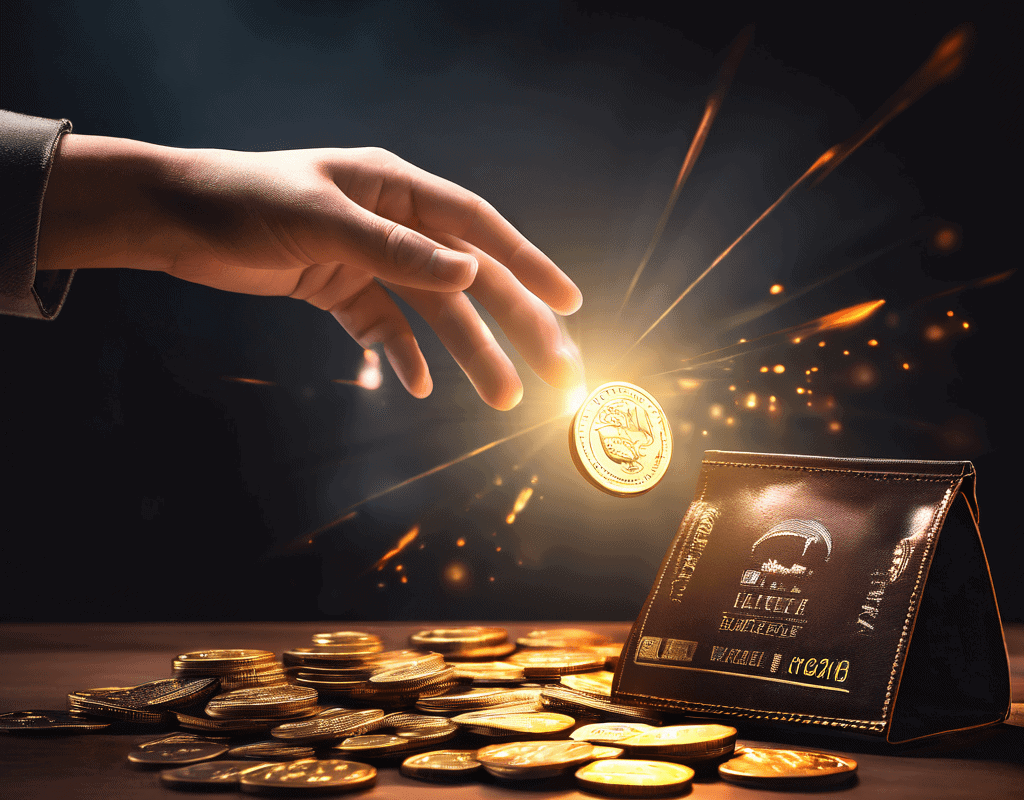 한정판 태그에 손을 뻗는 감정적 소비자의 모습과 함께, 그림자처럼 다가온 마케팅 전략이 열린 지갑에서 동전을 가져가는 소비 심리와 마케팅의 영향력을 상징적으로 보여주는 이미지입니다.