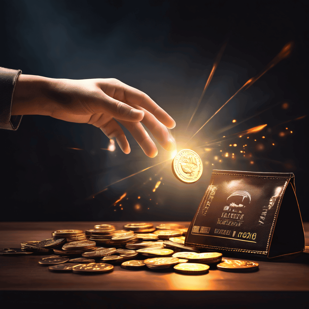 한정판 태그에 손을 뻗는 감정적 소비자의 모습과 함께, 그림자처럼 다가온 마케팅 전략이 열린 지갑에서 동전을 가져가는 소비 심리와 마케팅의 영향력을 상징적으로 보여주는 이미지입니다.