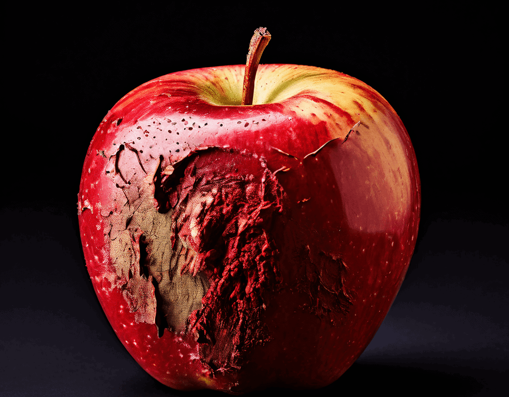 신선함과 부패가 공존하는 사과의 양면성을 보여주는 이미지로, 제품의 유통기한이 소비자 선택과 식품 폐기에 미치는 영향을 상징적으로 표현합니다.