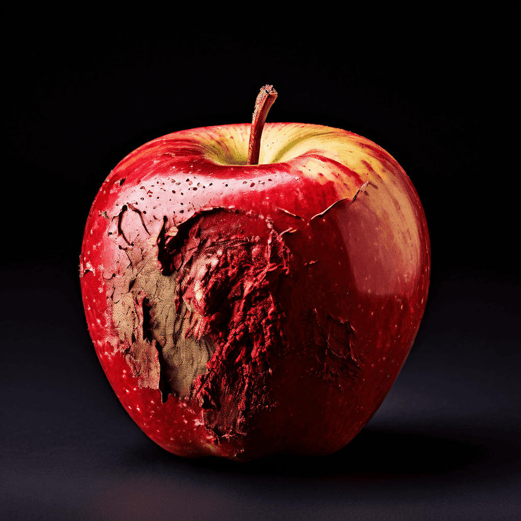 신선함과 부패가 공존하는 사과의 양면성을 보여주는 이미지로, 제품의 유통기한이 소비자 선택과 식품 폐기에 미치는 영향을 상징적으로 표현합니다.