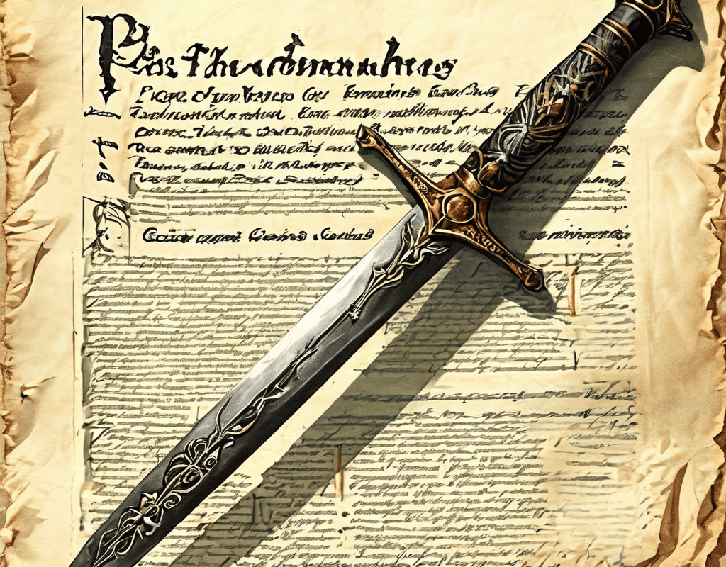 계약서의 우아한 글씨 속에 숨겨진 '갑의 사정' 조항이 권력의 상징인 단검 형태로 드러나 유연함이 아닌 강제력을 의미하는 상황을 표현한 이미지입니다.