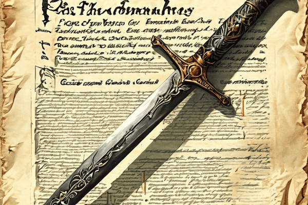 계약서의 우아한 글씨 속에 숨겨진 '갑의 사정' 조항이 권력의 상징인 단검 형태로 드러나 유연함이 아닌 강제력을 의미하는 상황을 표현한 이미지입니다.