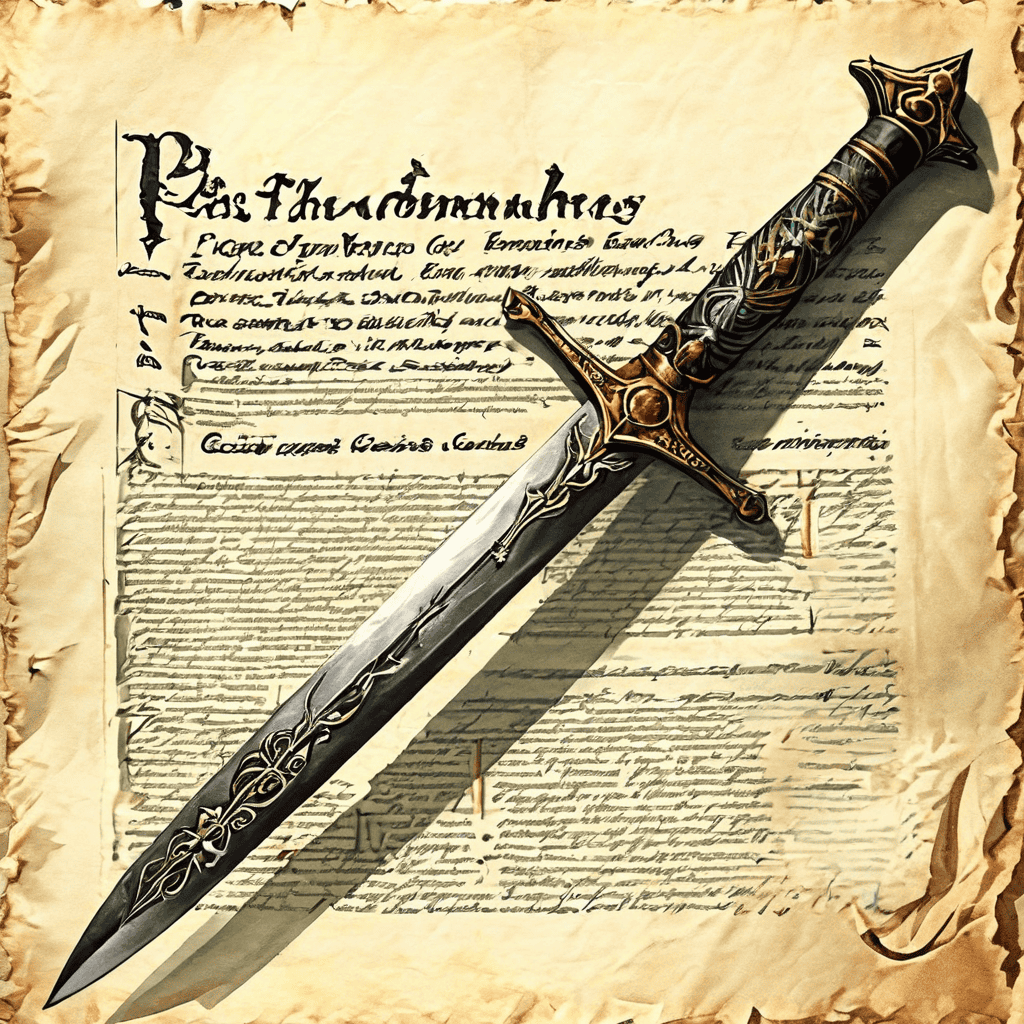 계약서의 우아한 글씨 속에 숨겨진 '갑의 사정' 조항이 권력의 상징인 단검 형태로 드러나 유연함이 아닌 강제력을 의미하는 상황을 표현한 이미지입니다.