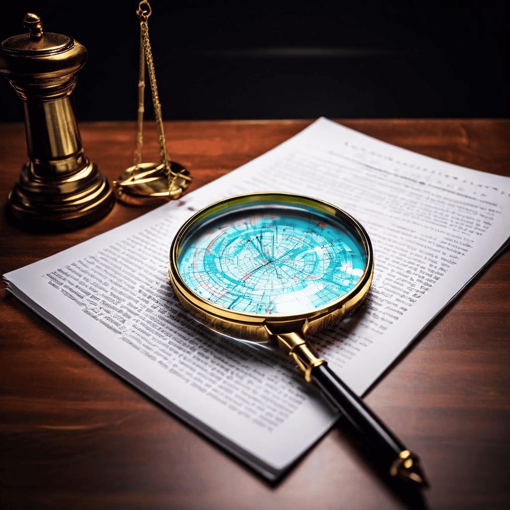 변호사가 상대방의 패턴을 깊이 분석하며 계약서에서 세 가지 전략적 포인트를 확대경과 화살표로 강조하고 있는 법률 전략 이미지입니다.