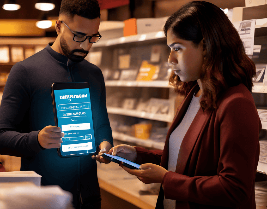 소비자가 반품 거절을 당해 당황한 표정으로 라벨을 들고 있으며, 뒤에서 무심한 점원과 소비자 보호 기관 로고가 빛나는 휴대폰 화면이 함께 배치된 상황을 묘사한 이미지입니다.