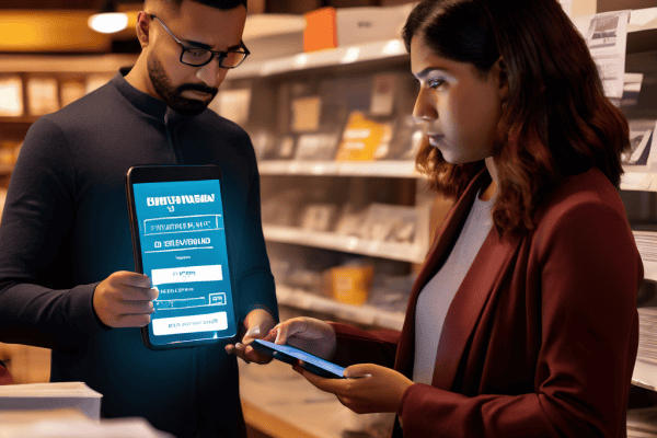 소비자가 반품 거절을 당해 당황한 표정으로 라벨을 들고 있으며, 뒤에서 무심한 점원과 소비자 보호 기관 로고가 빛나는 휴대폰 화면이 함께 배치된 상황을 묘사한 이미지입니다.