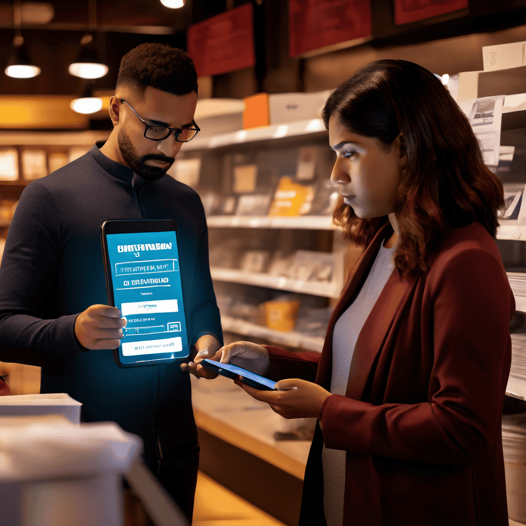 소비자가 반품 거절을 당해 당황한 표정으로 라벨을 들고 있으며, 뒤에서 무심한 점원과 소비자 보호 기관 로고가 빛나는 휴대폰 화면이 함께 배치된 상황을 묘사한 이미지입니다.