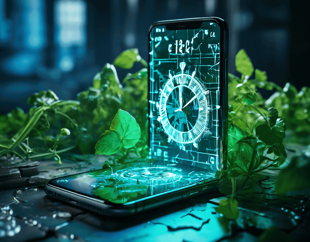 멈춰버린 스마트폰 화면 속 사회적 시간의 정지와 디지털 중독의 극복을 상징하며, 정지된 시계 톱니바퀴와 새롭게 자라나는 푸른 덩굴이 기술과 자연의 재조화를 표현한 이미지입니다.