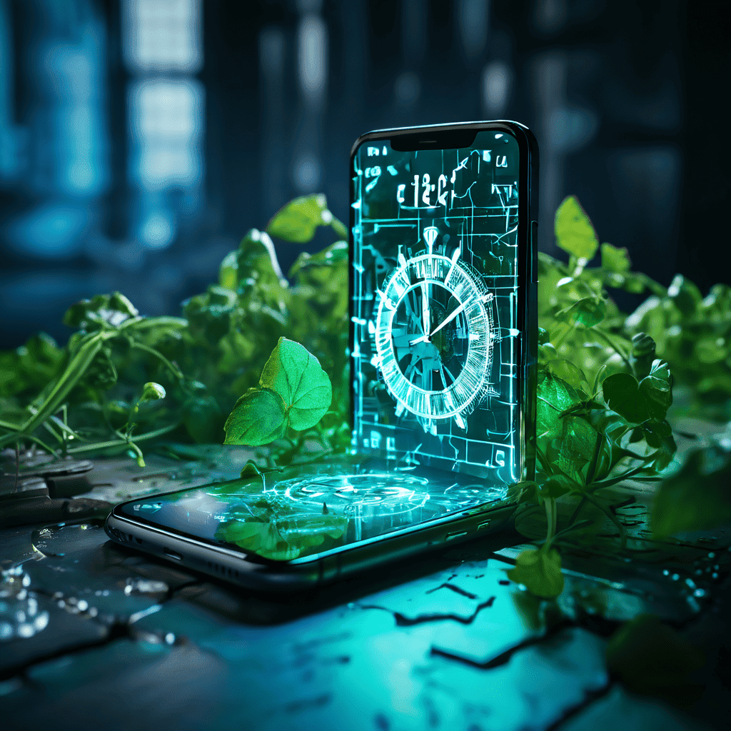 멈춰버린 스마트폰 화면 속 사회적 시간의 정지와 디지털 중독의 극복을 상징하며, 정지된 시계 톱니바퀴와 새롭게 자라나는 푸른 덩굴이 기술과 자연의 재조화를 표현한 이미지입니다.