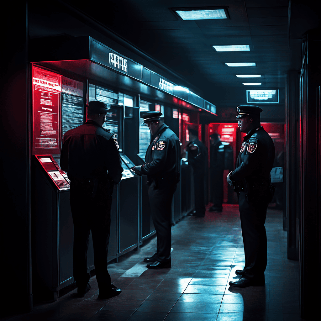 공식 매표소와 경비원이 있는 밝은 공간과 대조적으로, 어두운 경기장 복도에서 암표 거래가 이루어지는 불법적인 티켓 거래의 위험성을 보여주는 이미지입니다.