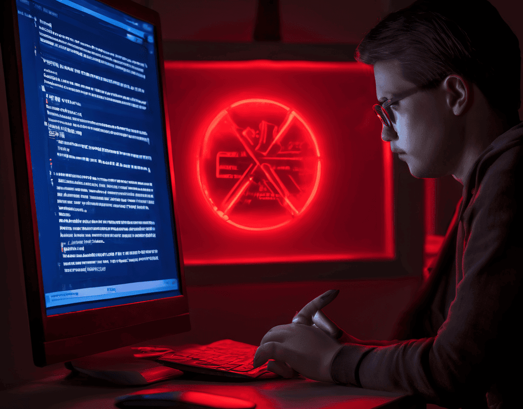 한 손에 든 통장에 큰 빨간 경고 표시가 나타나고, 컴퓨터 화면의 오류 메시지를 보며 걱정하는 사람의 표정이 온라인 뱅킹 문제나 금융 보안 위험을 직면한 상황을 생생하게 묘사합니다.