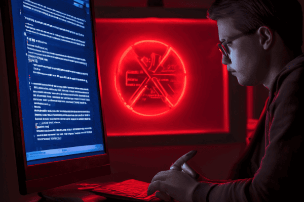 한 손에 든 통장에 큰 빨간 경고 표시가 나타나고, 컴퓨터 화면의 오류 메시지를 보며 걱정하는 사람의 표정이 온라인 뱅킹 문제나 금융 보안 위험을 직면한 상황을 생생하게 묘사합니다.