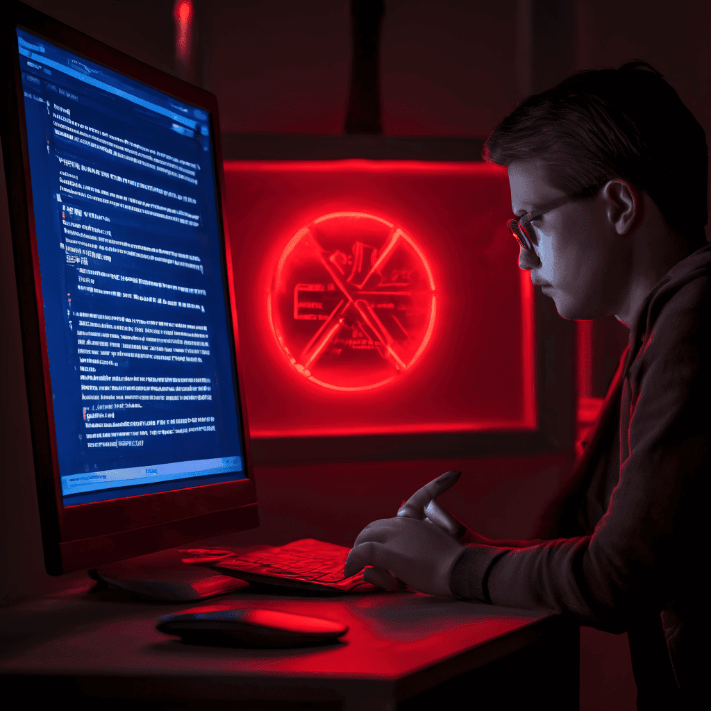 한 손에 든 통장에 큰 빨간 경고 표시가 나타나고, 컴퓨터 화면의 오류 메시지를 보며 걱정하는 사람의 표정이 온라인 뱅킹 문제나 금융 보안 위험을 직면한 상황을 생생하게 묘사합니다.