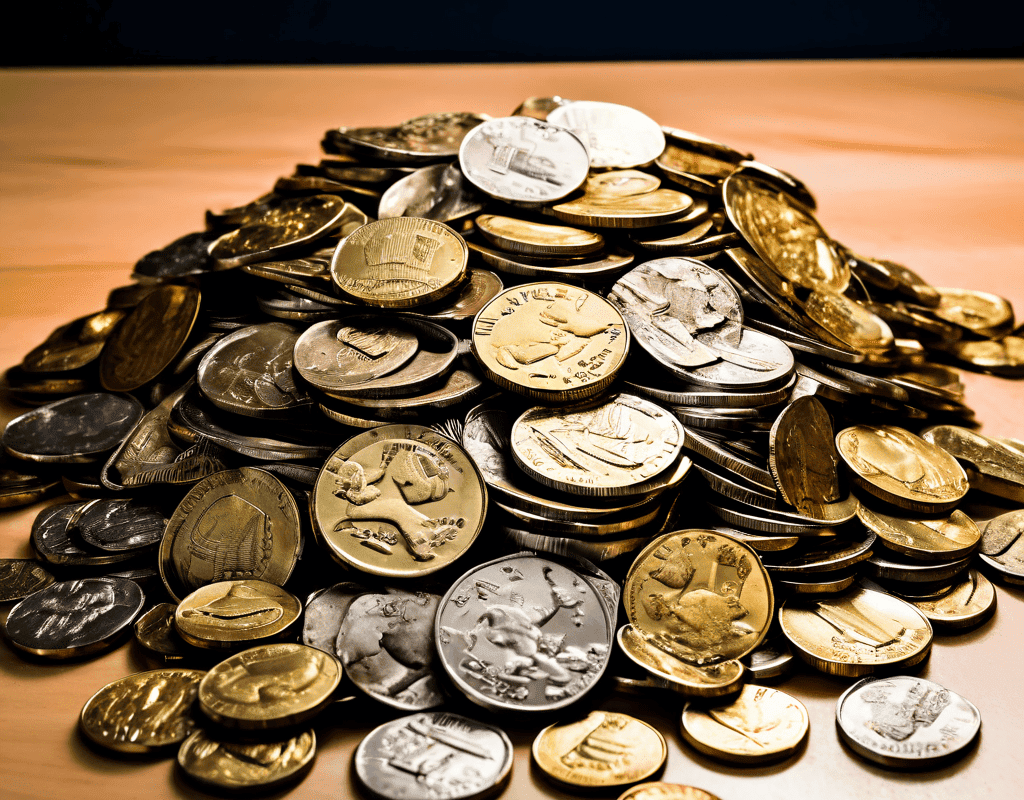 테이블 위에 여러 나라의 동전들이 단단하게 뭉쳐 움직일 수 없는 금속 덩어리로 변한 모습은 해외 투자나 환전 시 자산 유동성에 대한 주의를 상징적으로 보여줍니다.