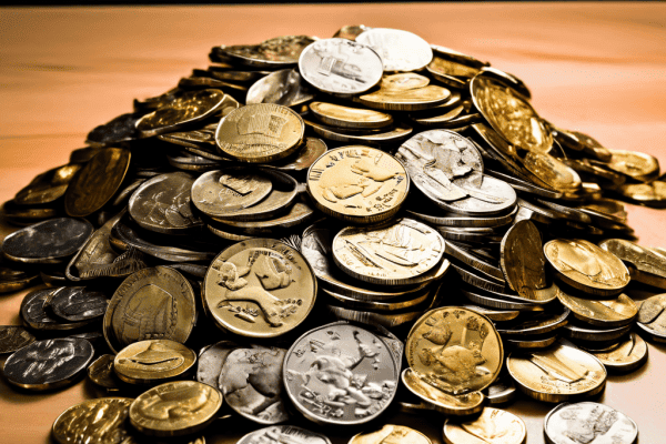 테이블 위에 여러 나라의 동전들이 단단하게 뭉쳐 움직일 수 없는 금속 덩어리로 변한 모습은 해외 투자나 환전 시 자산 유동성에 대한 주의를 상징적으로 보여줍니다.