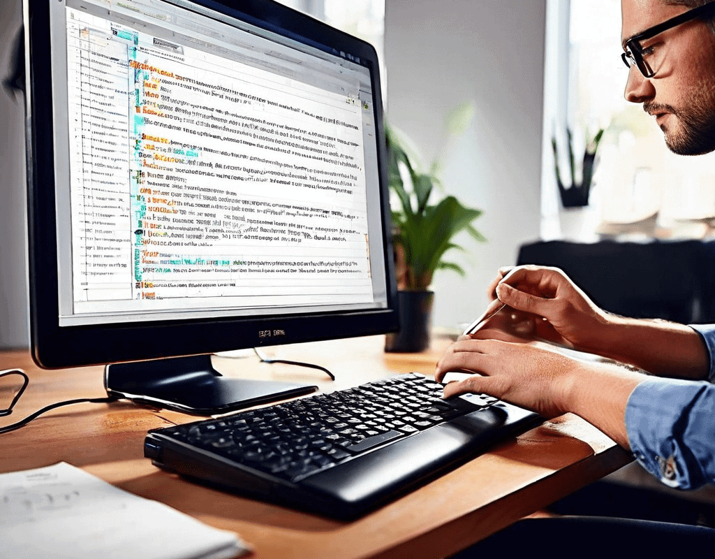 A close-up of a person's hand typing on a laptop keyboard while a blurred second monitor shows a long document, with the cursor vi