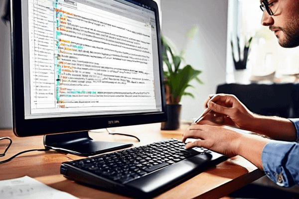 A close-up of a person's hand typing on a laptop keyboard while a blurred second monitor shows a long document, with the cursor vi
